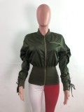 Green Zipper Puff Sleeve Gathered Wasit Jacket