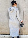 Grey Long Sleeve Hooded  Casual Slit Long Dress