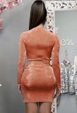 Orange Velour Twisted Long Sleeve Bodysuit and Slit Mini Skirt 2PCS Set