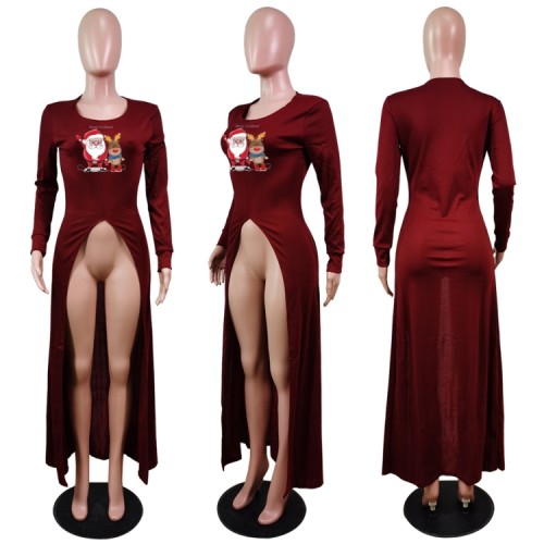 Christams Burgundy Print Full Sleeve Silt Long Dress