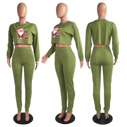 Christams Green Print Long Sleeve Tee and Pants 2PCS Set