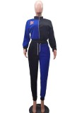 Letter Print Blue Colorblock High Neck Trendy Tracksuits