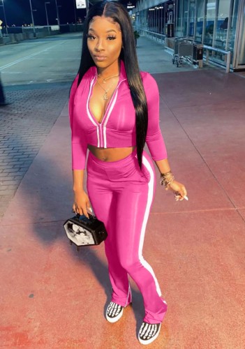 Pink Contrast Striped Zipper Tracksuit
