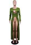 Christams Green Print Full Sleeve Silt Long Dress