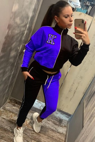 Letter Print Blue Colorblock High Neck Trendy Tracksuits