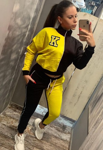 Letter Print Yellow Colorblock High Neck Trendy Tracksuits