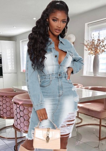 Denim Ripped Button Up Fitted Midi Dress