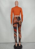Orange Tie Around Long Sleeve Crop Top and Print Tight Pants 2PCS Set