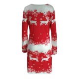 Christmas Round Neck Long Sleeve Midi Dress