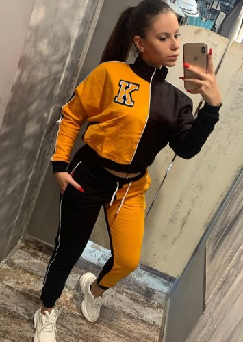 Letter Print Orange Colorblock High Neck Trendy Tracksuits