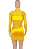 Yellow Velvet and Mesh Patchwork Long Sleeve Midi Dress