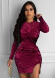 Burgundy Velour Twisted Long Sleeve Bodysuit and Slit Mini Skirt 2PCS Set