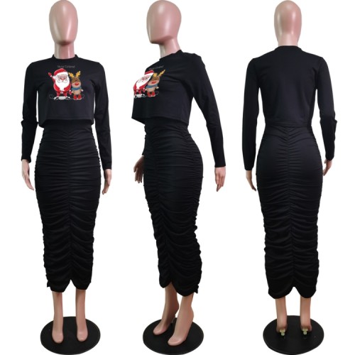 Christams Black Print Long Sleeve Crop Top and Ruched Long Dress 2PCS Set