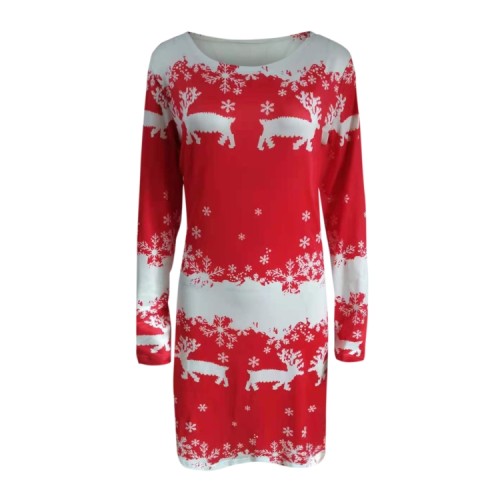 Christmas Round Neck Long Sleeve Midi Dress