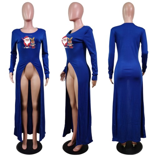 Christams Blue Print Full Sleeve Silt Long Dress