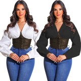 White Contrast Pu Leather Corset Long Sleeve Blouse