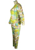 Plus Size All Over Print Long Sleeve Fitted Top and Pants 2PCS Set