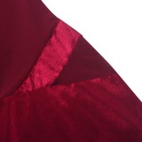 Burgundy Velvet and Mesh Patchwork Long Sleeve Midi Dress