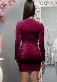 Burgundy Velour Twisted Long Sleeve Bodysuit and Slit Mini Skirt 2PCS Set