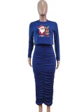 Christams Blue Print Long Sleeve Crop Top and Ruched Long Dress 2PCS Set