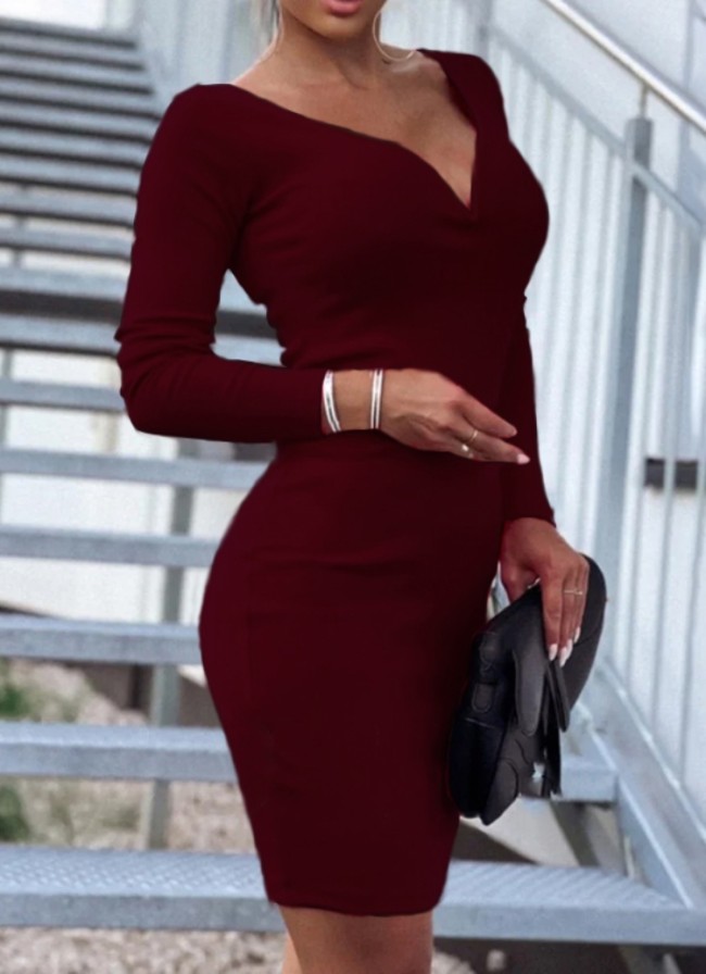 Burgundy Deep V-Neck Long Sleeve Midi Ress