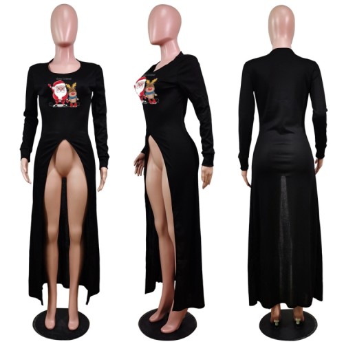 Christams Black Print Full Sleeve Silt Long Dress