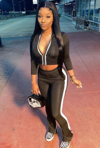 Black Contrast Striped Zipper Tracksuit