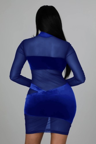 Blue Velvet and Mesh Patchwork Long Sleeve Midi Dress