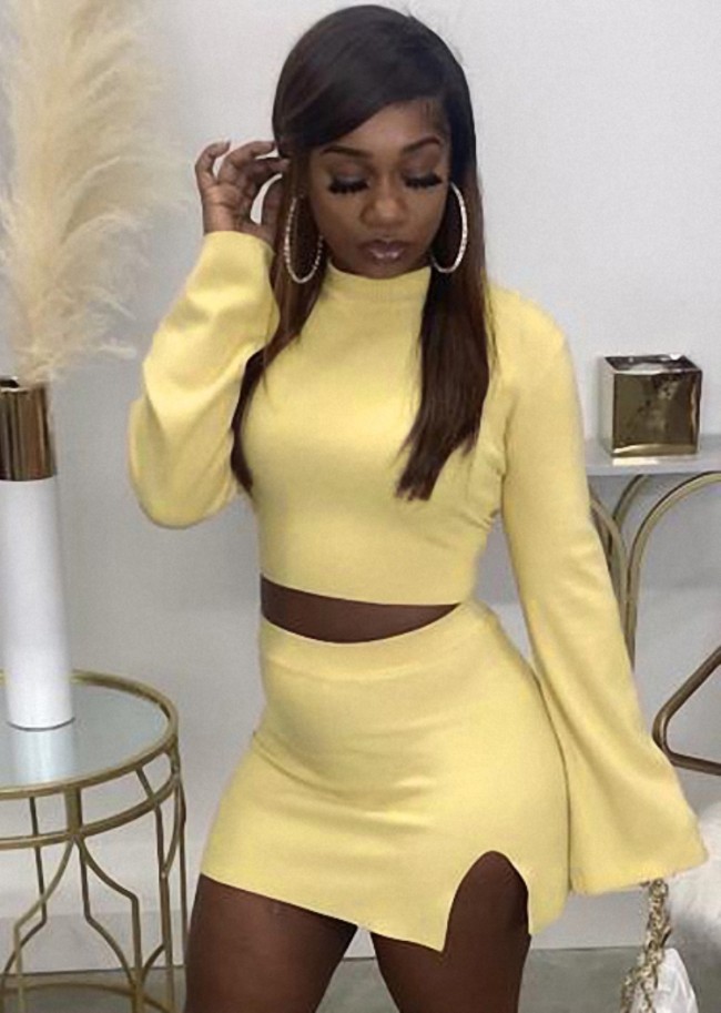 Yellow Fitted Crop Top and Slit Mini Skirt 2PCS Set