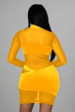 Yellow Velvet and Mesh Patchwork Long Sleeve Midi Dress