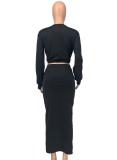 Black Long Sleeve Tie Hem Rope Crop Top and Pocket Long Skirt Set