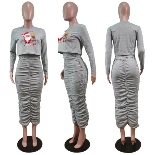 Christams Grey Print Long Sleeve Crop Top and Ruched Long Dress 2PCS Set