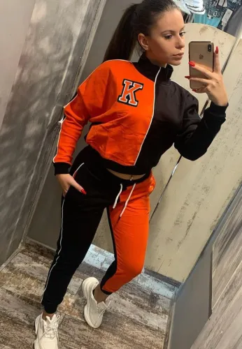 Letter Print Orange Colorblock High Neck Trendy Tracksuits