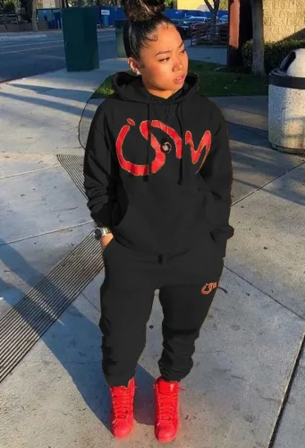 Print Black Hooded Sweatshirt and Sweatpants 2PCS Set