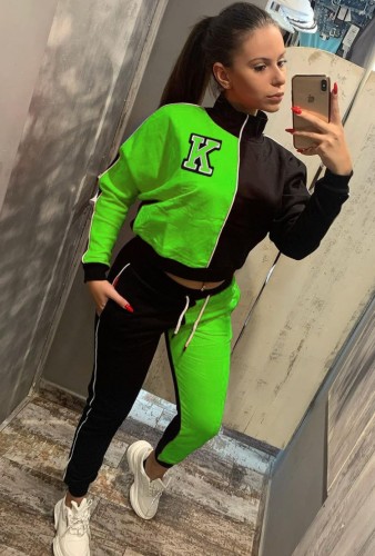 Letter Print Green Colorblock High Neck Trendy Tracksuits