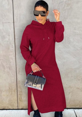 Red Long Sleeve Hooded  Casual Slit Long Dress