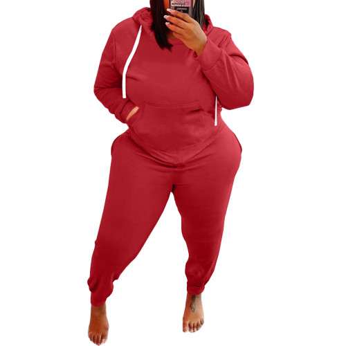 Plus Size Two Piece Red Sweatsuits with Front Pockets