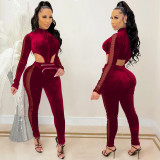 Red Mesh Panel Cut Out Sexy Bodycon Velvet Jumpsuits