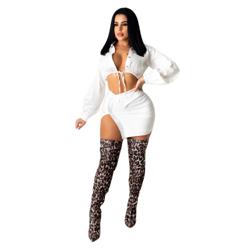 Sexy White Long Sleeve Crop Top and Mini Skirt Set