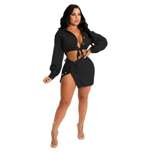Sexy Black Long Sleeve Crop Top and Mini Skirt Set