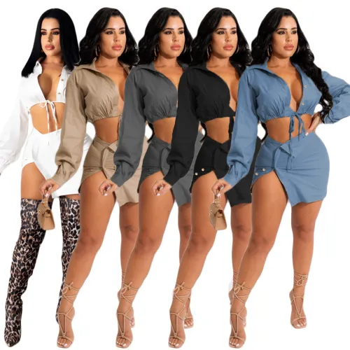 Sexy Light Blue Long Sleeve Crop Top and Mini Skirt Set