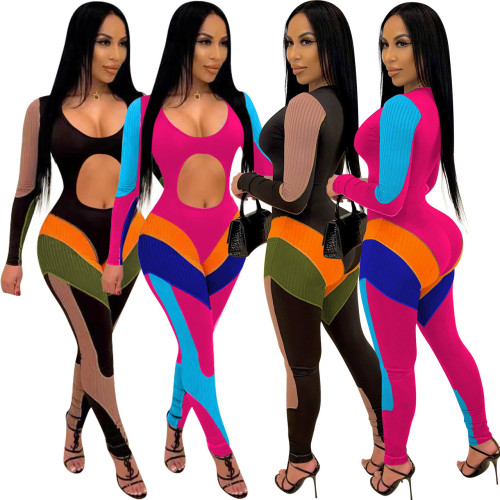 Sexy Color Block Long Sleeve Cut Out Bodycon Jumpsuit