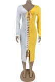 White and Yellow Contrast Lace Up Long Sleeve Midi Dress