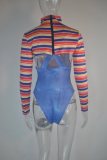 Multi Stripes Long Sleeve Cape and Blue Cami Bodysuit 2 Piece Outfit