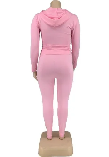 Plus Size Pink Zip Drawstring Hoody Top and Pants 2PCS Set