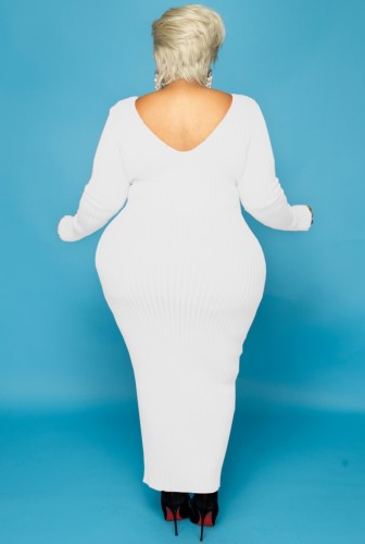 Plus Size White Ribbed V-Neck Long Sleeve Maxi Dress