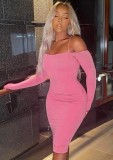 Pink Cami Off Shoulder Long Sleeve Sheath Midi Dress