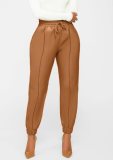 Brown PU Leather High Waist Drawstring Trousers