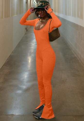 Orange U-Neck Backless Bodycon Flare Jumpsuit