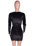 Black Velvet O-Ring Long Sleeve Cut Out High Split Mini Dress